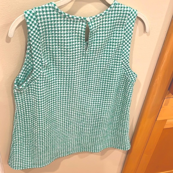LOFT Green Gingham Sleeveless Tank Top Smocked Shoulder Shell - Picture 5 of 7